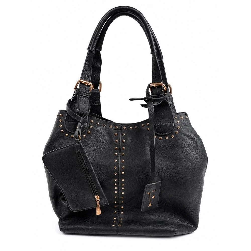Vintage Y2K Boho Black Leather Studded Slouchy Hobo Chic Shoulder Bag Purse
